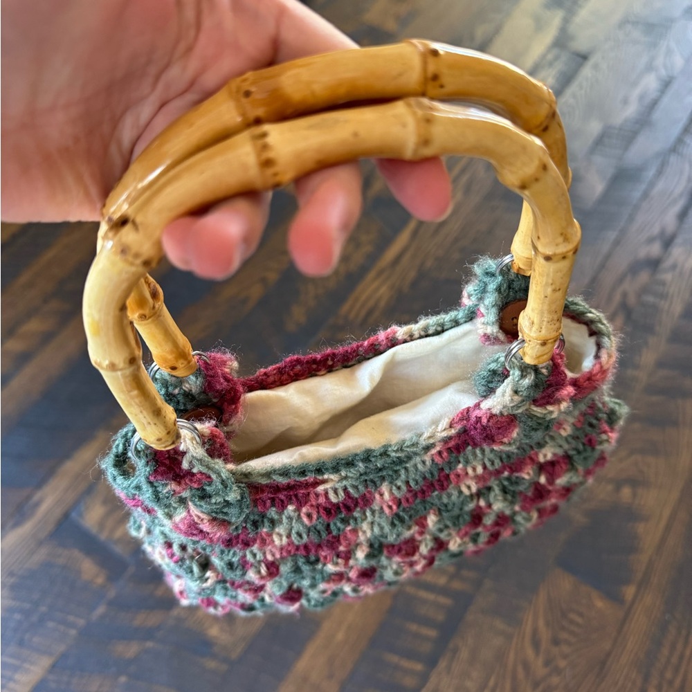 SOLD: Charming Mini Bag in Pink and Green with Bamboo Handle